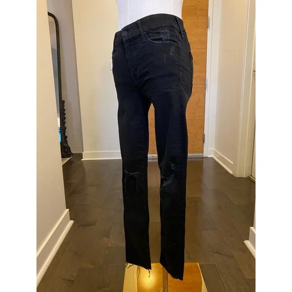 MOTHER Looker Ankle Fray Black Denim Jeans Women's Size 23 Distressed - Picture 3 of 7